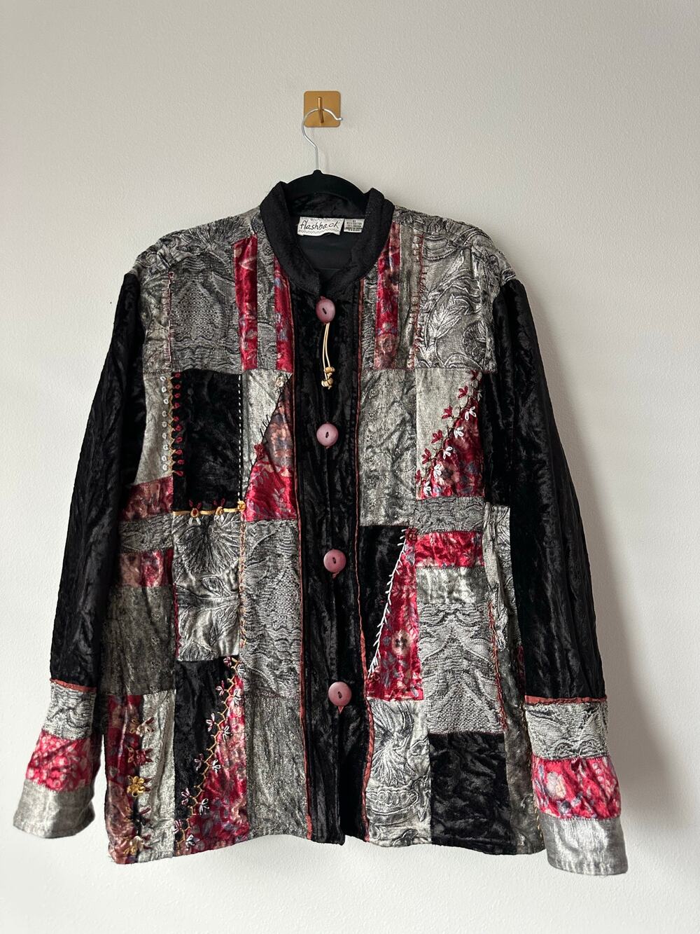 Vintage 90s Patchwork Velvet Jacket Boho Embroidered Lagenlook Statement Coat XL